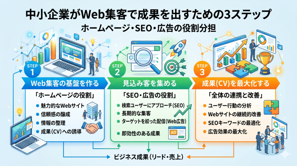 中小企業がWeb集客で成果を出すための3ステップ｜ホームページ・SEO・広告の役割分担