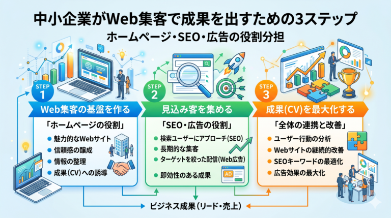 中小企業がWeb集客で成果を出すための3ステップ｜ホームページ・SEO・広告の役割分担