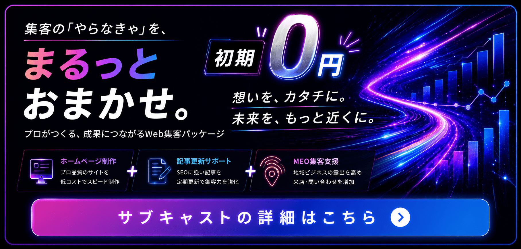 集客のやらなきゃをまるっとおまかせ|サブキャスト(HP+記事+MEOの月額丸投げ集客パッケージ)
