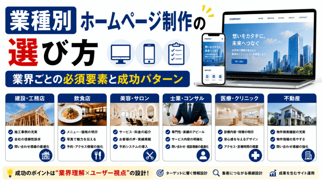 業種別ホームページ制作の選び方｜整体院・外壁塗装・不用品回収など業界別に押さえるべき要素を完全解説